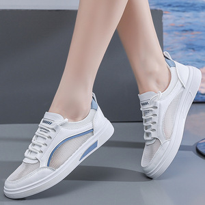 Zapatos para caminar de malla blanca para mujer, con punta redonda, con cordones, transpirables, antideslizantes, suela suave, zapatillas informales de verano - Product Image 4