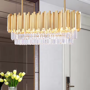 Adjustable Height Mid Century <b>Industrial</b> K9 Crystal <b>Light</b> <b>Fixture</b> Chandelier Supply 8 <b>Lights</b> Gold Oval Metal Pendant - Product Image 2