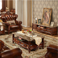 Design d'intérieur de luxe Antique Royal en bois sculpté haut Grain cuir salon canapé meubles