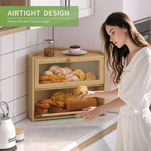 2-Tier Bamboo Corner Bread <b>Box</b> with Glass Doors, Triangle Wood Food Storage <b>Container</b> for Kitchen Countertop - Product Image 3
