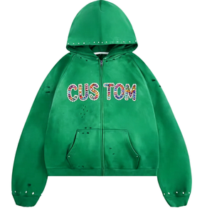 Sudadera con Capucha Personalizada con Letras de Diamantes de Imitación, Verde, Oversize, con Cierre, Unisex, de Felpa Francesa, con Bolsillo Frontal, Estilo Otoñal - Product Image 1