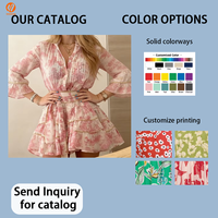 Robe tendance pour femme 6148TS-FGC, style vintage américain, taille empire, col en V court, manches à volants, motif floral, en polyester