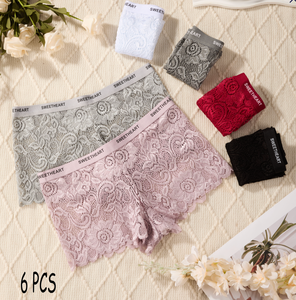 En Stock Set de 6 Bóxers de Encaje Sexy, Ropa Interior Transparente Culottes de Encaje para Mujer con Estampado de Letras, Boyshorts de Encaje Completo - Product Image 1
