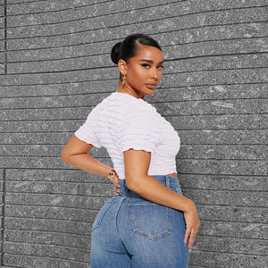 Último diseño de moda palomitas de maíz <span class=keywords><strong>Hort</strong></span> manga calle camiseta mujer Sexy blanco cuello en V anudado Crop Tops - Product Image 2