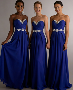 Robes de demoiselle <span class=keywords><strong>d</strong></span>'honneur bleu royal en forme de cœur, taille en cristal, longueur au sol, en mousseline de soie, robe de soirée - Product Image 2