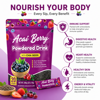 Poudre de fibres d'açaï en marque blanche OEM avec graines de chia et mélange superalimentaire riche en anthocyanes pour le bien-être quotidien, sachets de 10g