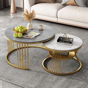 Table basse ronde en marbre noir de style moderne et luxueux, extensible en métal pour salon, meubles dorés au design élégant - Product Image 4