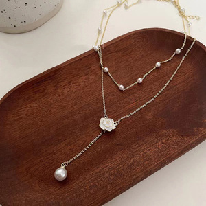 Collar de Perlas de Imitación con Borlas Multicapa y Colgante de Flor Sencillo para Mujer, Joyería de Moda para Fiesta, Cadena para Clavícula - Product Image 4