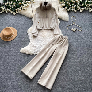Conjunto de chándal de 2 piezas para mujer de invierno con cuello de piel sintética, sudadera de media cremallera y pantalones de chándal de pierna ancha con cordón, conjunto informal para estar en casa - Product Image 3