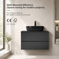 Meuble-lavabo mural flottant moderne et minimaliste de style nordique, gris anthracite poli, avec vasque à poser, pour salle de bain ou chambre
