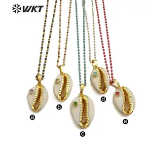 WT-JN097 wkt joias cowrie colar com guarnição banhada a ouro e cz pedra colar colorido cz colar em estoque