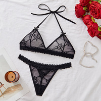 Ensemble de lingerie sexy en maille transparente avec soutien-gorge et string, orné de nœuds - Ensemble Teddy fin en nylon/coton avec dentelle et perles XXL
