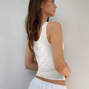 Top camisole pour femme, texture ajourée, cordon de serrage, nœud, coupe ajustée, sans manches, col en V, devant à nouer, couleur unie, tendance - Product Image 5