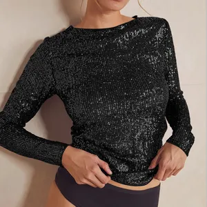 Wholesale Price Sequin Lace Fabric Embroidery High Quality Fashion Long Sleeve Women Blouses Tops Sequin Fabric Women's Shirts
