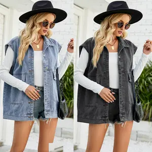 Áo Vest Denim Mùa Xuân Thời Trang Áo Khoác Nữ Áo Khoác Cardigan Cổ Điển Áo Khoác Jean Rách Ngắn Thường Ngày Không Tay Áo Ghi Lê