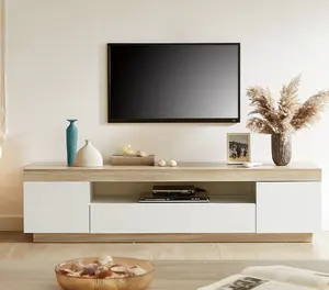 Natural Charm Wood Grain Tv Stands Melamine Lamination MDF Coastal Style Tv Cabinet Tv Unit For Living Room