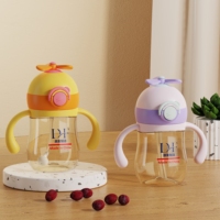 Gourde PPSU pour bébé avec motif dessin animé, couvercle à clapet, paille, sans PVC, débit variable, mignonne, avec sangle d'épaule, 240/300ml, forme de gourde, large ouverture