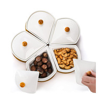 Plateau de service Lazy Susan en bambou pour frites, fruits, bonbons et apéritifs, avec 5 bols en céramique amovibles et couvercles