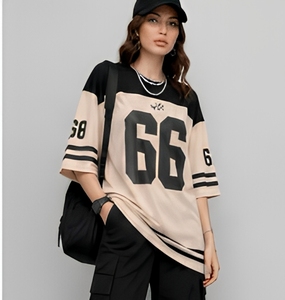 Camiseta de algodón extragrande para mujer con estampado del número 66, manga corta, corte holgado, cuello redondo, informal, para todas las estaciones - Product Image 1