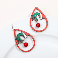 Boucles d'oreilles pendantes imprimées goutte d'eau creuse, motif dessin animé mains vertes et perles porte-bonheur rouges, cadeau de Noël, accessoire de mode pour les fêtes