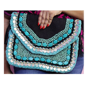 Pochette de soirée artisanale indienne de luxe vintage en toile brodée avec perles, fermeture éclair, pour femme - Product Image 3