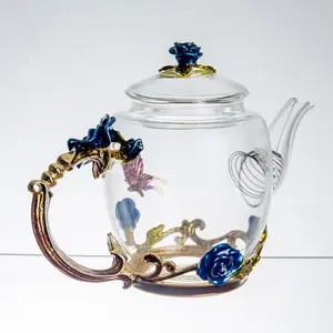 Enamel colored butterfly glass teapot Heat-resistant glass filtered flower tea teapot
