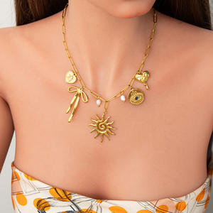 Sun Pendant <b>Necklace</b> 18K Gold Plated Stainless Steel Geometric Design Party Jewelry Clavicle Chain Fashion <b>Statement</b> Piece - Product Image 1