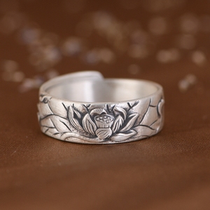 Anillo Retro de plata de ley 999 auténtica, diseño de loto ancho de estilo antiguo ajustable para hombres y mujeres para boda o regalo - Product Image 2