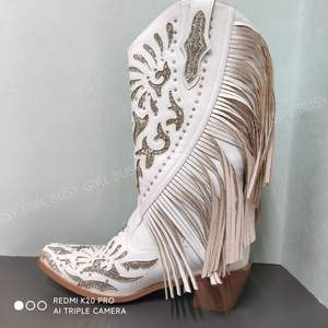 BUSY GIRL KK4692 <span class=keywords><strong>Botas</strong></span> hasta la rodilla Zapatos de <span class=keywords><strong>mujer</strong></span> 2024 Borlas blancas Tacones de bloque de cristal Señoras Bota Country <span class=keywords><strong>Botas</strong></span> de vaquero para <span class=keywords><strong>mujer</strong></span> - Product Image 2