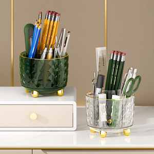 <b>Rotating</b> Pen Holder Round Glass <b>Desk</b> Organizer With Gold Feet For Office Stationery Storage - Product Image 1