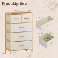Commode à 5 tiroirs en bambou écologique avec structure en bois pour chambre et salon – Rangement contemporain