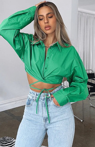 S-XXL Yazlık Uzun Kollu Kısa Bol Düz Renkli Hırka Bağcıklı Yaka Tek Göğüslü Şehir Stili Günlük Moda Gömlek - Product Image 5