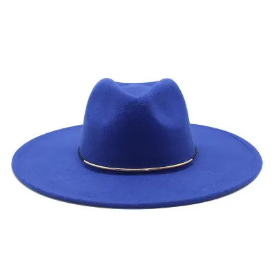 卸売新ファッション無地ウールFedora帽子レトロFedoras女性と男性ビッグつば帽子ゴールデンバックル帽子バンドフェルトHa