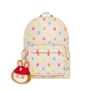 Summer Rabbit <b>Backpack</b> All Over Multi Color Print Smooth PU <b>Leather</b> Tall Bag With Detachable Plush Rabbit Head Charm - Product Image 1