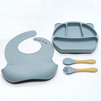 Ensemble repas bébé : Plateau d'alimentation rectangulaire en silicone monobloc à ventouses avec compartiments, bavoir et cuillère