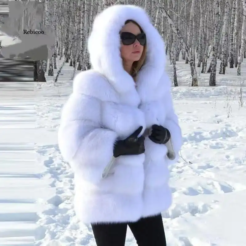 เสื้อโค้ทขนเฟอร์ขนสุนัขจิ้งจอกเทียมสำหรับผู้หญิงเสื้อโค้ทขนสัตว์เทียมสำหรับฤดูหนาว