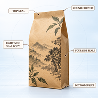 Sachet de thé Pu'er en papier kraft sans fenêtre, scellé sur huit côtés, pour la vente au détail et en gros