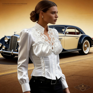 Vente flash sur Temu : chemisier élégant en dentelle blanche pour femme, manches bouffantes, col montant, coupe ajustée, top tendance. - Product Image 2