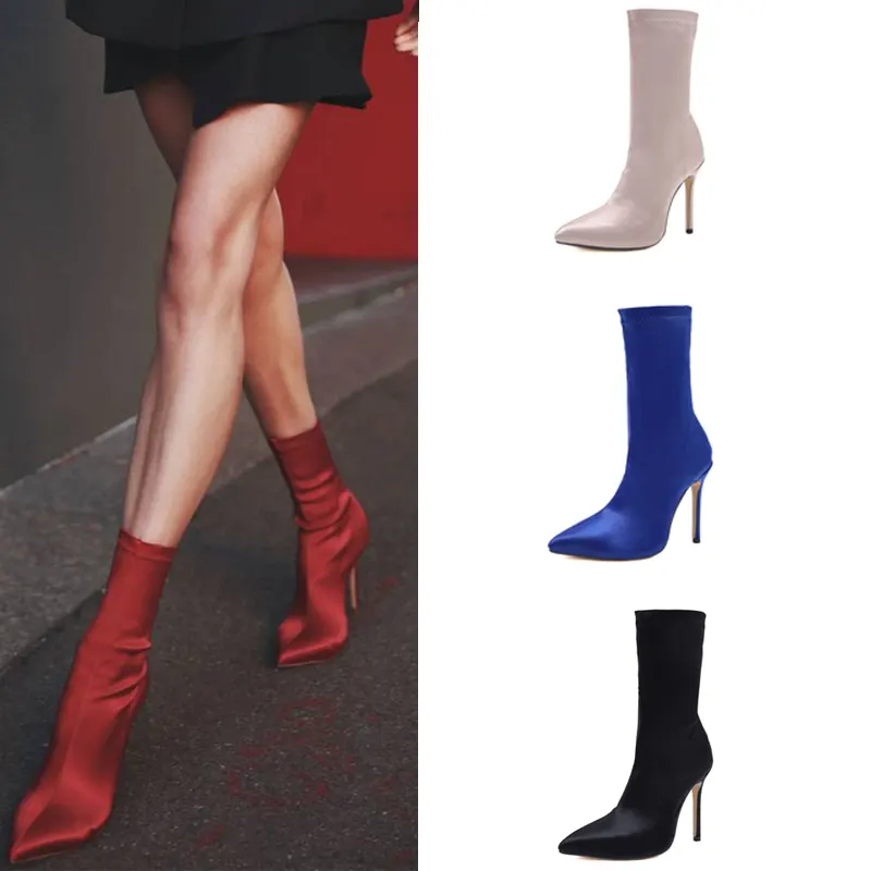Amazon.com: Botines de tela elástica para mujer con tacón grueso, punta  redonda, talones cuadrados, zapatos de fiesta : Hogar y Cocina
