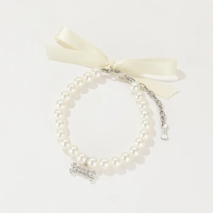 White Pearl Dog Collars With Bowknot Pet Necklace