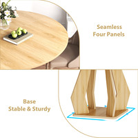 Ensemble de table à manger ronde 4 places, grain de bois clair, panneau épais, quatre connecteurs métalliques, base robuste, style moderne minimaliste