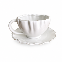 Ensemble tasse et soucoupe à café en céramique gaufrée à pétales blancs purs, bordure fine argentée, forme de coquille, pour le thé de l'après-midi, idéal pour un cadeau