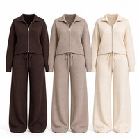 Ensemble deux pièces côtelé pour femme, col zippé, pantalon large oversize, tenue décontractée d'automne OEM ODM