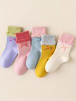 Chaussettes mi-mollet pour filles style princesse, roses, en polyester léger et fin, avec bordure à volants