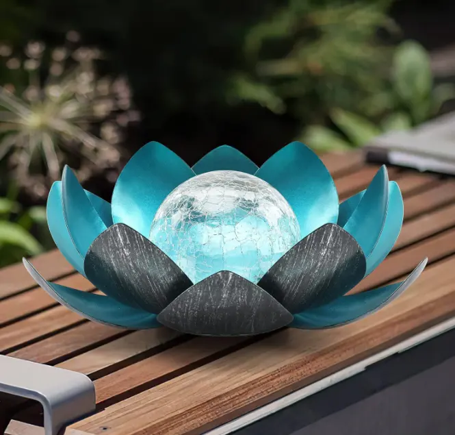 Garden Landscape Solar Crackle Glass Globe for Mom Gift Waterproof Metal Lotus Flower Light for Pool Walkway Outdoor Decoration