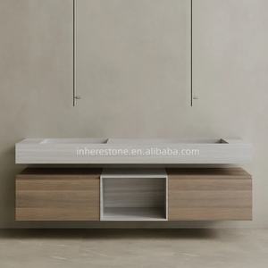 Calacatta Voila мраморная плавающая двойная раковина, большой настенный шкаф для ванной комнаты с деревянными ящиками для хранения - Product Image 3