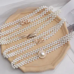 Cinturón de novia con perlas y cuentas blancas para mujer, cinturón elástico con diamantes de imitación de cristal para vestido de boda