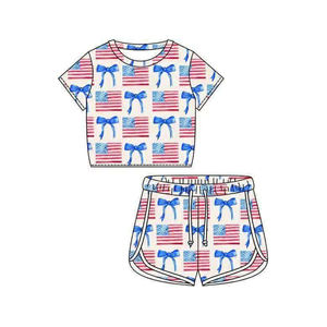 GSSO3402 Conjunto de Ropa de Verano para Niña con Estampado de Bandera del 4 de Julio, Venta al por Mayor, Manga Corta - Product Image 1