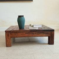 Table basse carrée en bois massif rustique Wabi Sabi, table à thé, meuble artisanal pour la maison