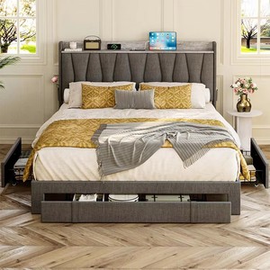<span class=keywords><strong>Lit</strong></span> King Size Moderne de Luxe en Velours avec Cadre Rembourré, Plateforme Double, Tête de <span class=keywords><strong>Lit</strong></span> LED Intelligente et Port USB Intégré - Product Image 5